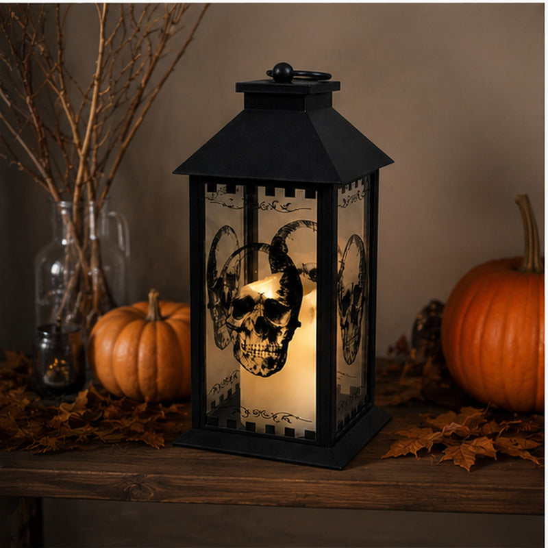 Große Totenkopf Laterne mit LED Kerze - 29 cm | Schwarz