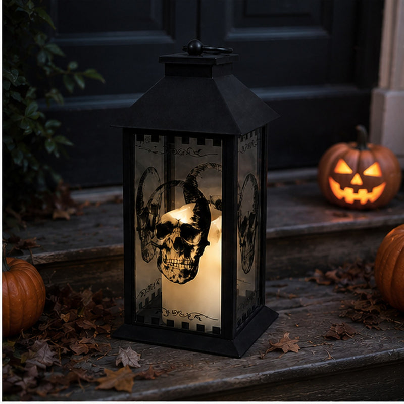 Große Totenkopf Laterne mit LED Kerze - 29 cm | Schwarz