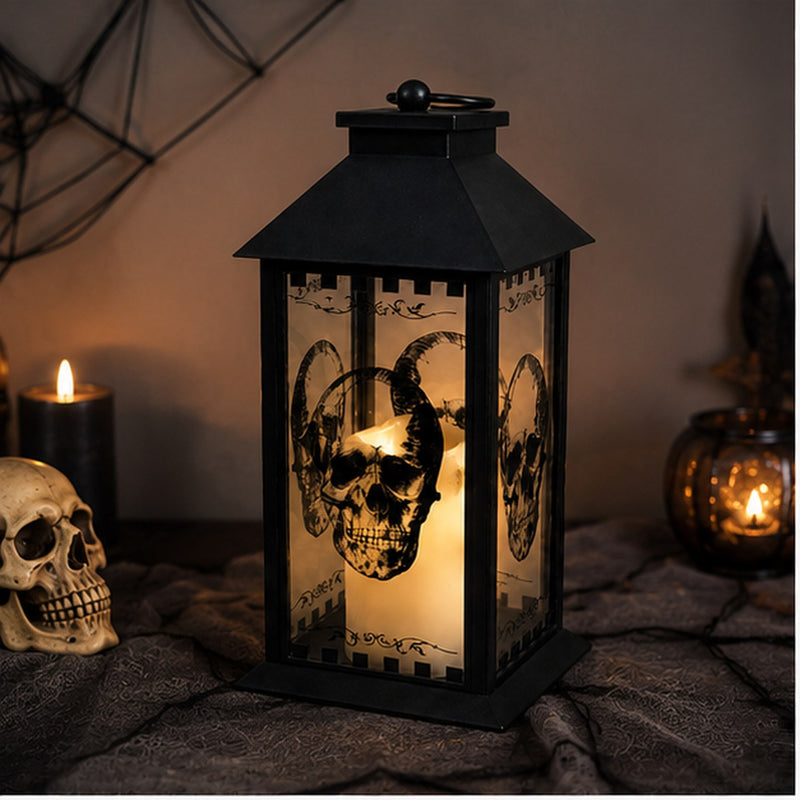 Große Totenkopf Laterne mit LED Kerze - 29 cm | Schwarz