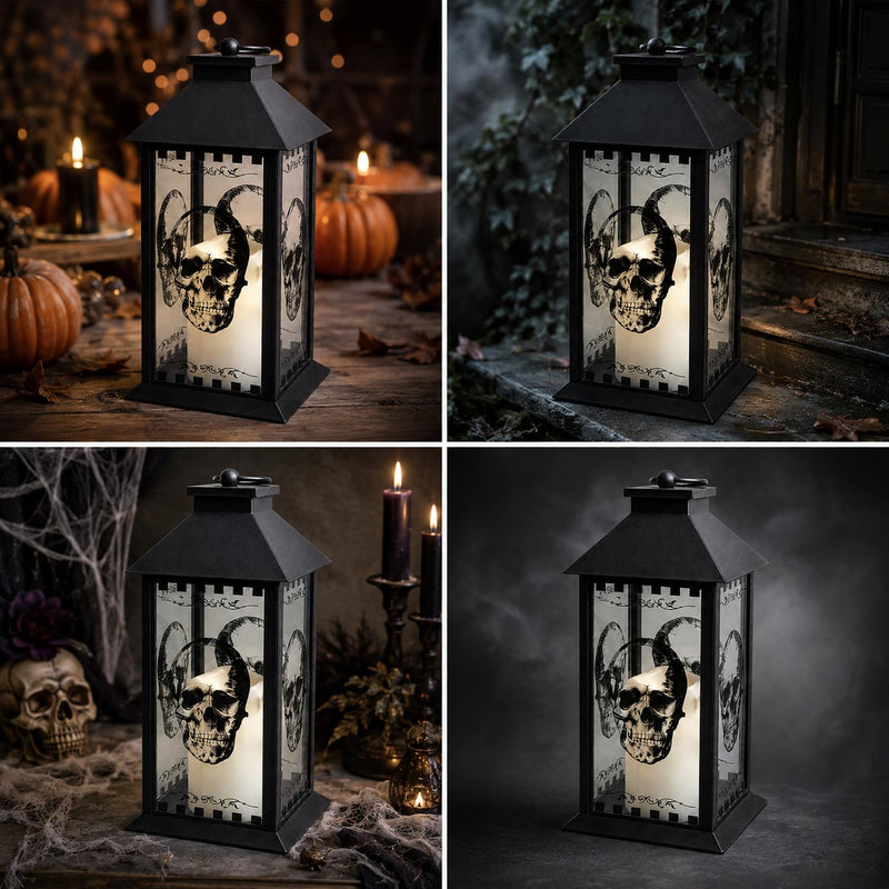 Große Totenkopf Laterne mit LED Kerze - 29 cm | Schwarz