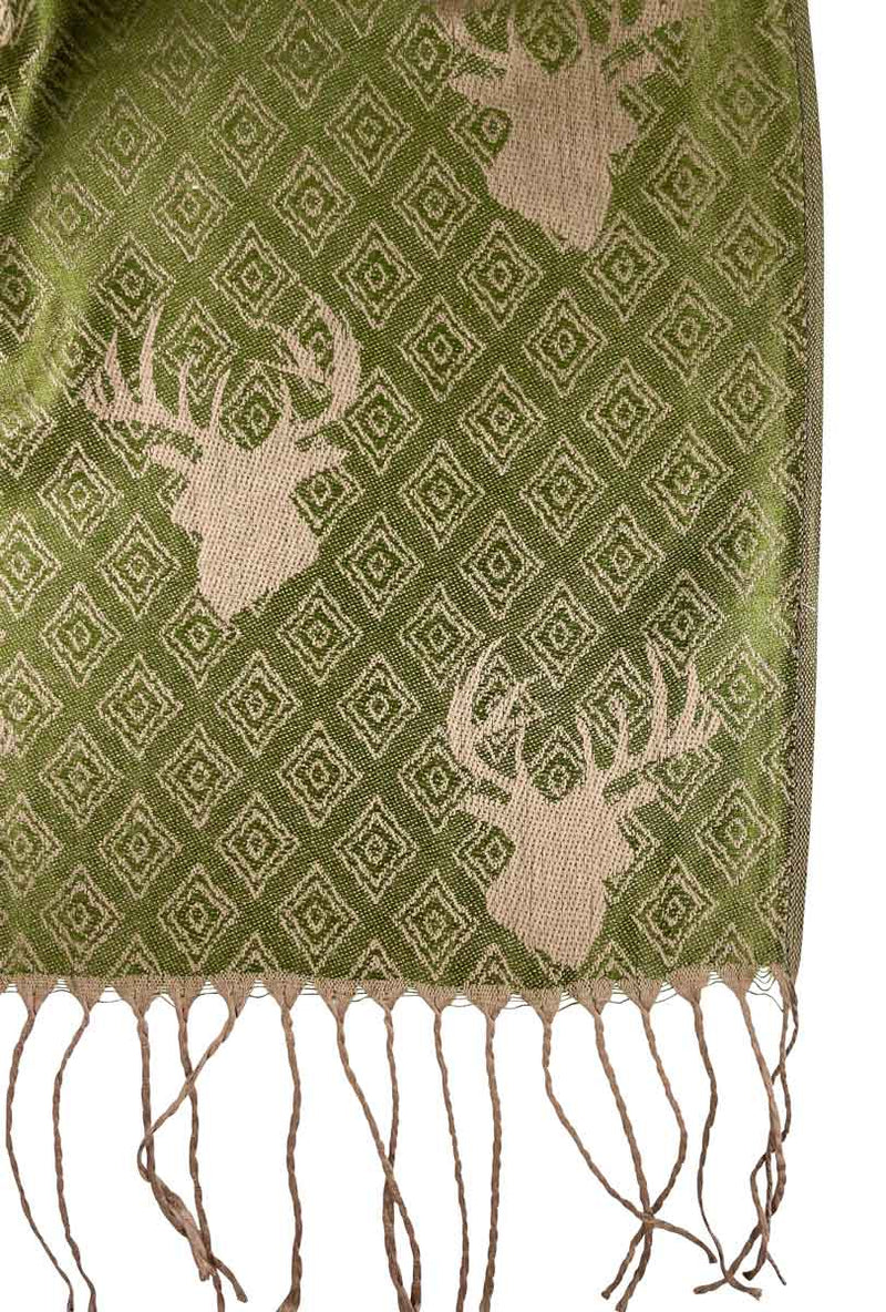 Halstuch Schal mit Hirschkopf Motiv 185 x 70 cm | Olivgrün / Braun