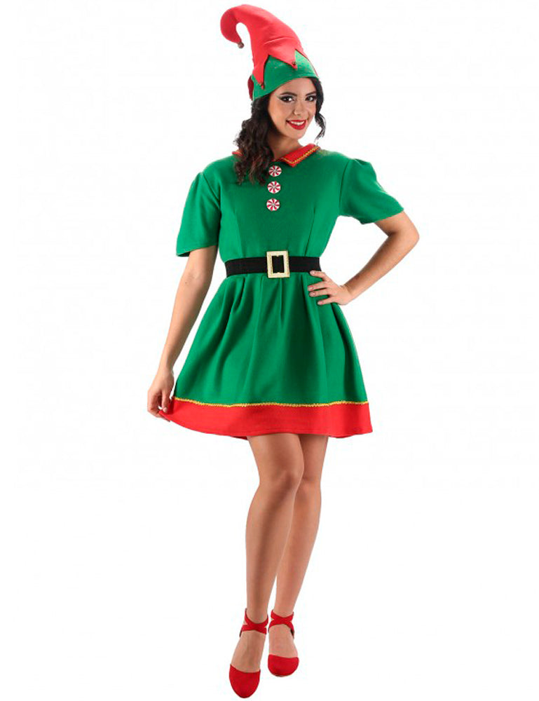 Kostüm Weihnachtselfe für Damen - Grün Rot | Wichtel Kleid mit Hut