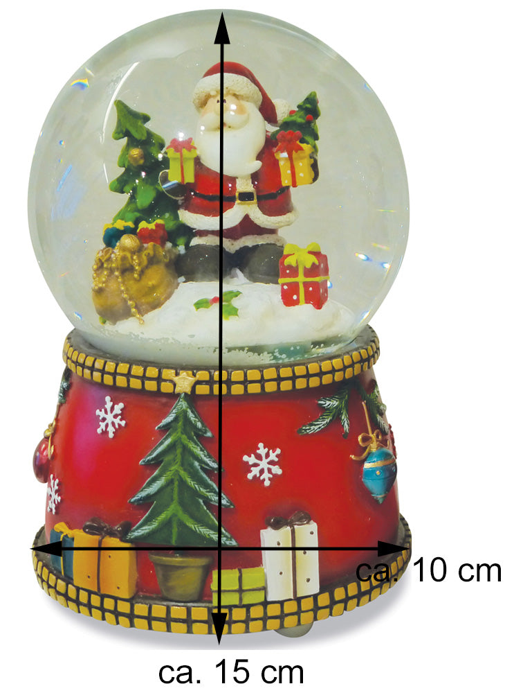 Spieluhr Schneekugel "Weihnachtsmann mit Geschenkesack" Ø 15 cm | 71564
