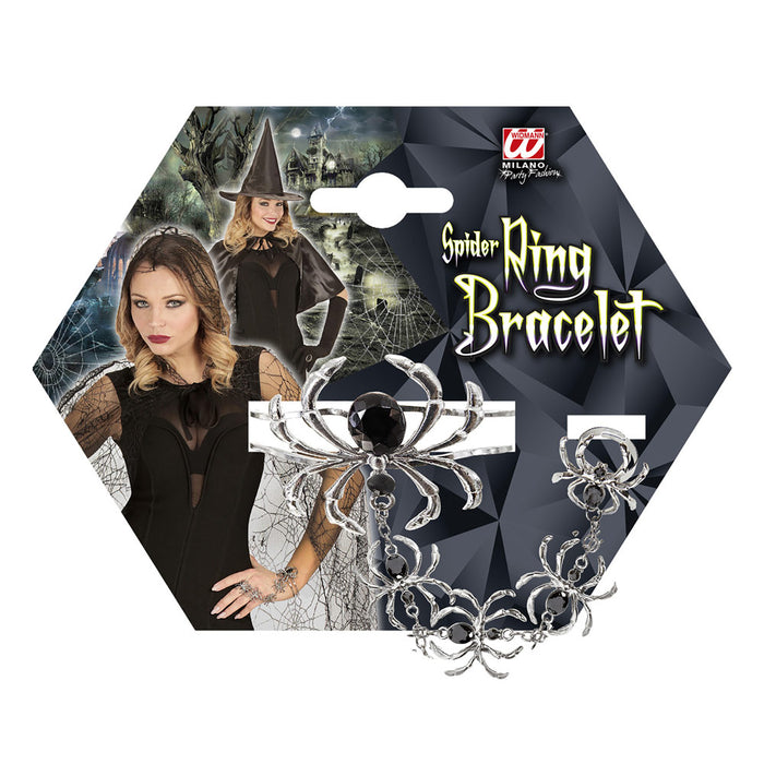 Armband mit Spinnen Ring 09663 - Silber Schwarz | Schmuck Kostüm Vampir Hexe