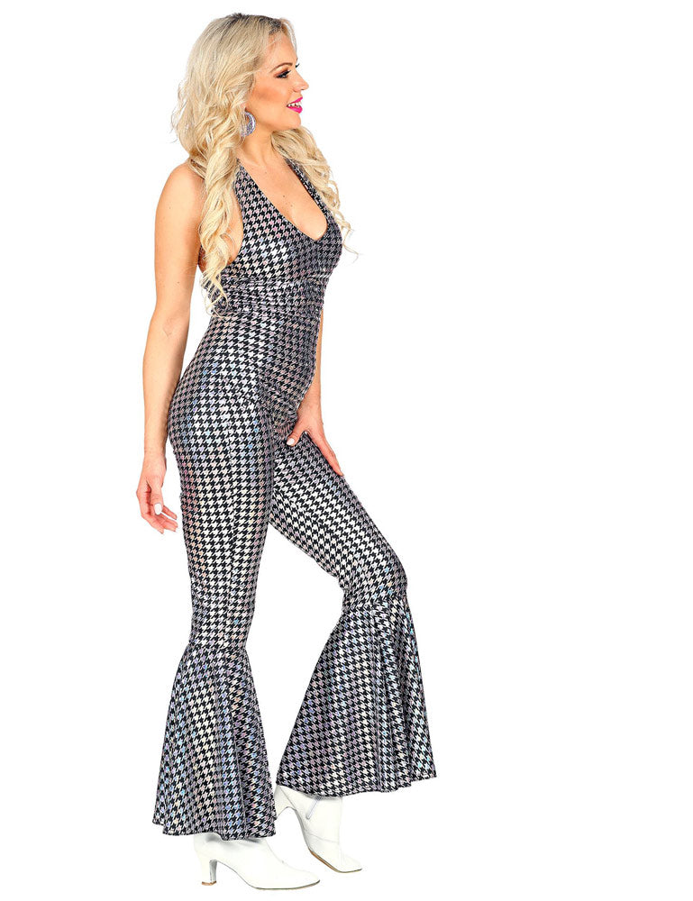 70er Jahre Disco Overall für Damen - Schwarz Silber | 70s Glitzer Show Party Kostüm
