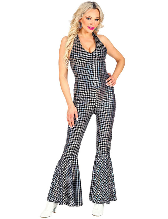 70er Jahre Disco Overall für Damen - Schwarz Silber | 70s Glitzer Show Party Kostüm