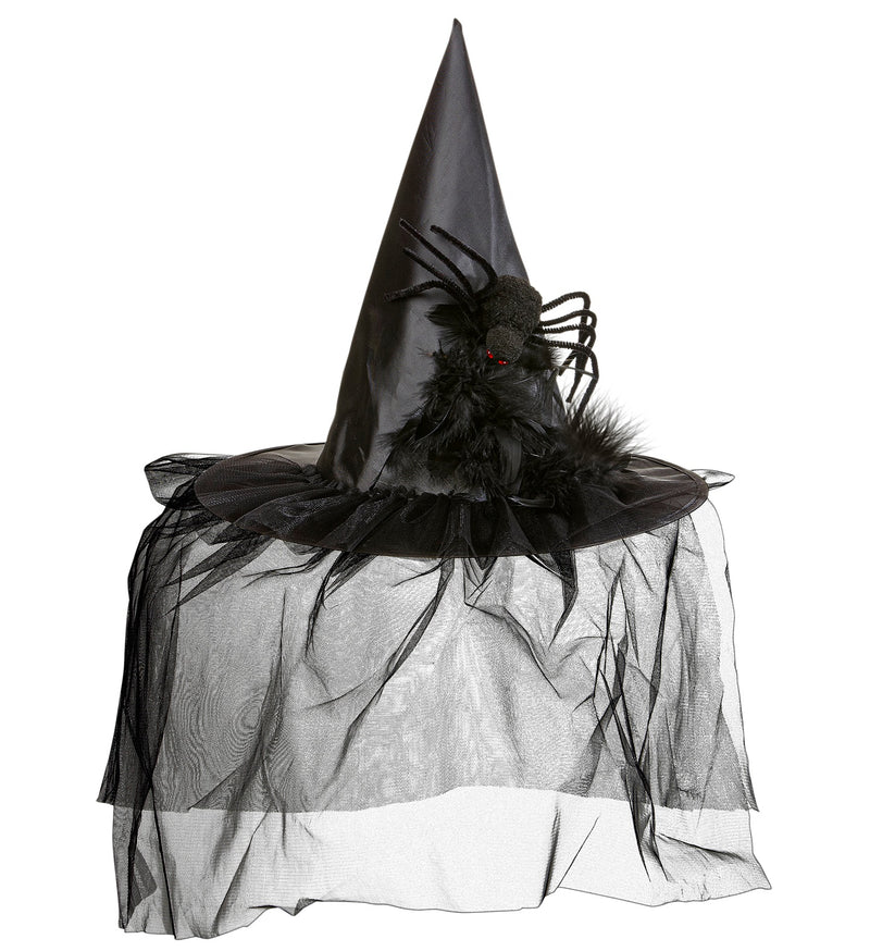 Hexenhut "Spinne" mit Schleier und Federn | Schwarz