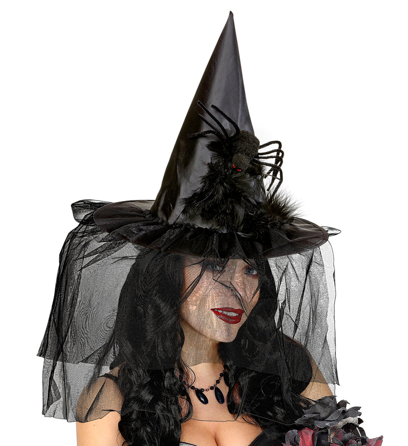 Hexenhut "Spinne" mit Schleier und Federn | Schwarz