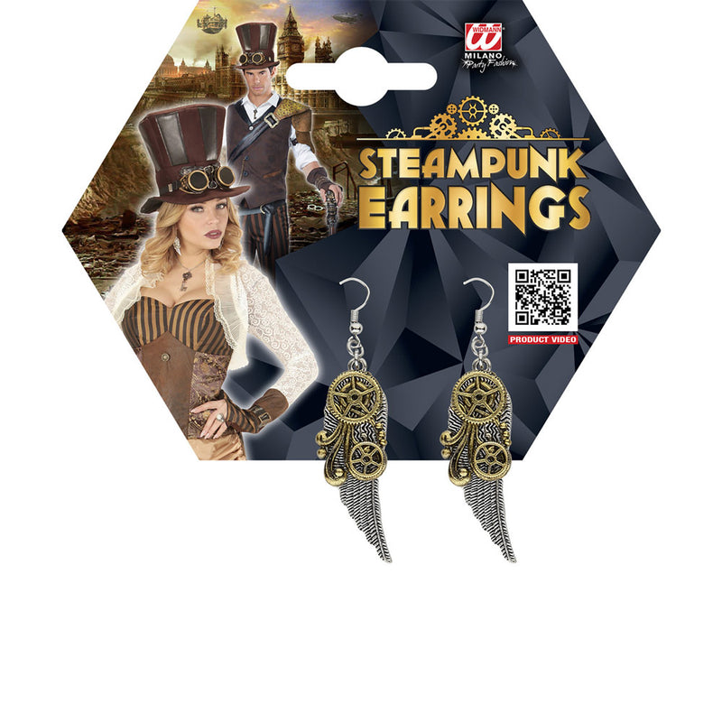 Steampunk Ohrringe mit Flügeln und Zahnrädern 01784 | Silber Gold