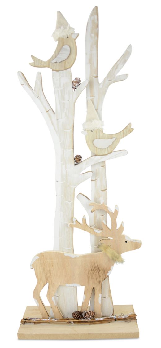 Winterbaum mit Hirsch und Vögeln | Weiß 60cm