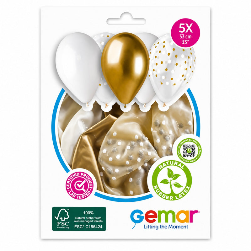 Latexballon 33 cm Golden Dots Weiß Gold | 5 Stück