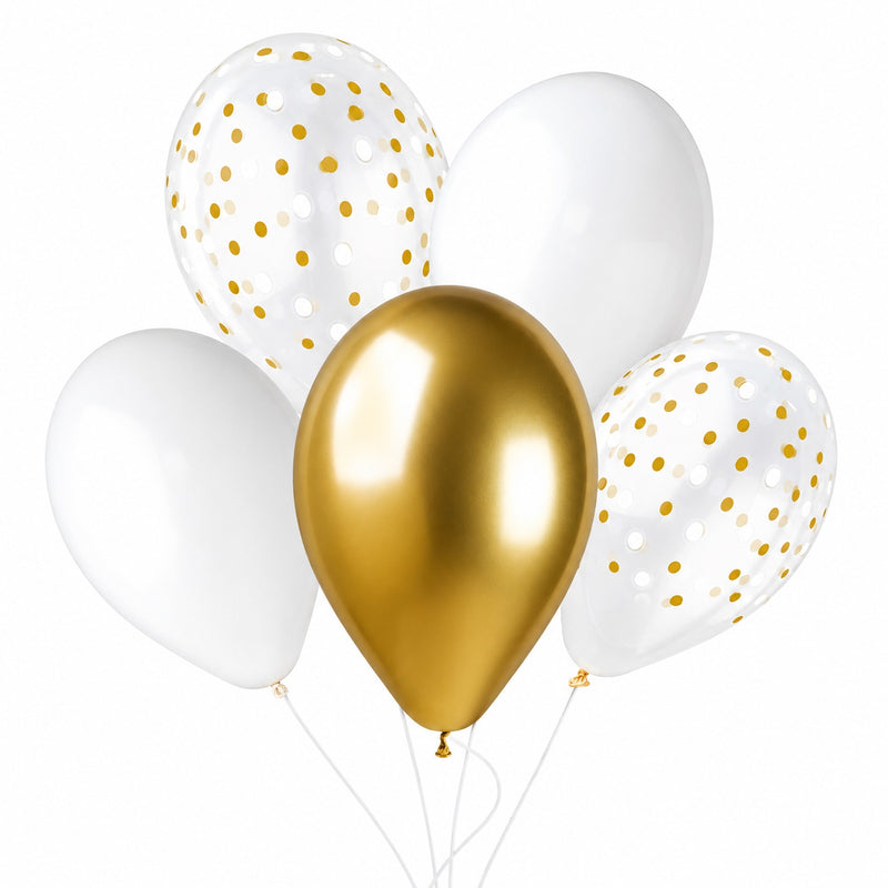 Latexballon 33 cm Golden Dots Weiß Gold | 5 Stück