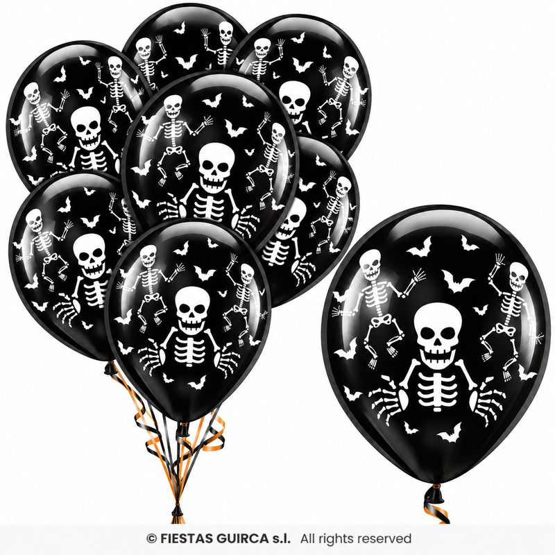 10 Stk. Latexballon Ø30cm "Skelette und Fledermäuse" | Schwarz