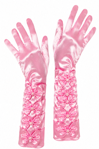 Damen Satin Handschuhe mit Schleifen und Perlen | Rosa