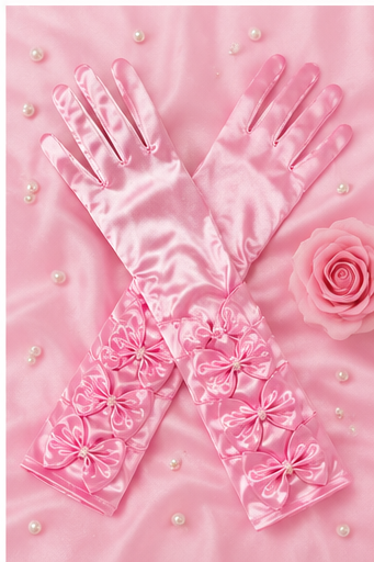 Damen Satin Handschuhe mit Schleifen und Perlen | Rosa