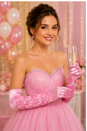 Damen Satin Handschuhe mit Schleifen und Perlen | Rosa