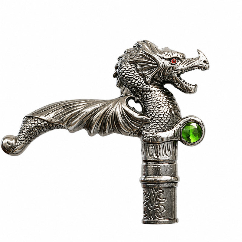 Gehstock aus Metall "Drache mit grünem Kristall" | Schwarz Silber