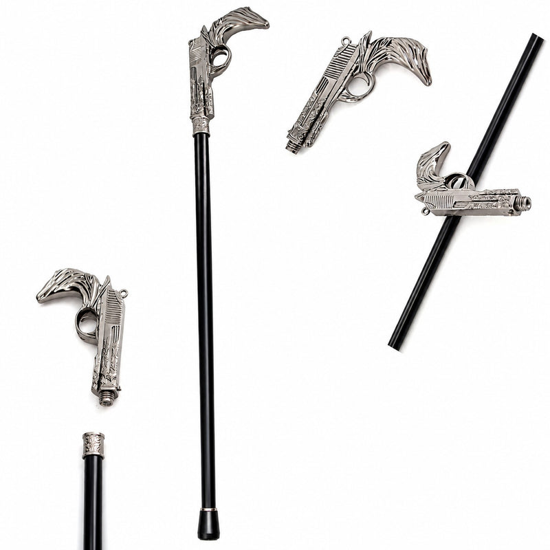 Gehstock aus Metall "Pistole" | Schwarz Silber