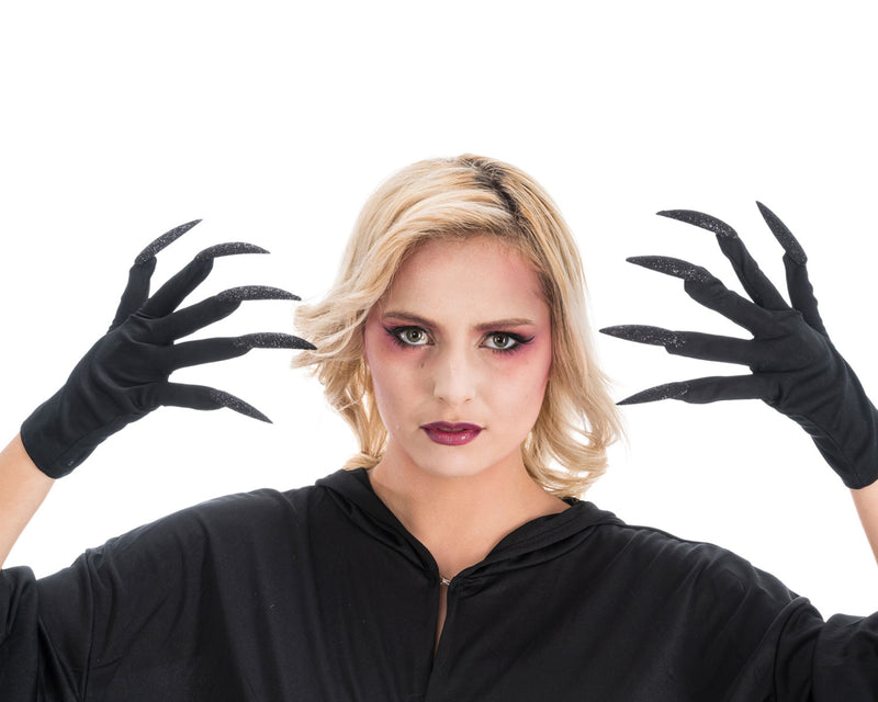 Handschuhe "Hexenfingernägel" | Glitzer Schwarz - Zubehör Hexenkostüm Halloween