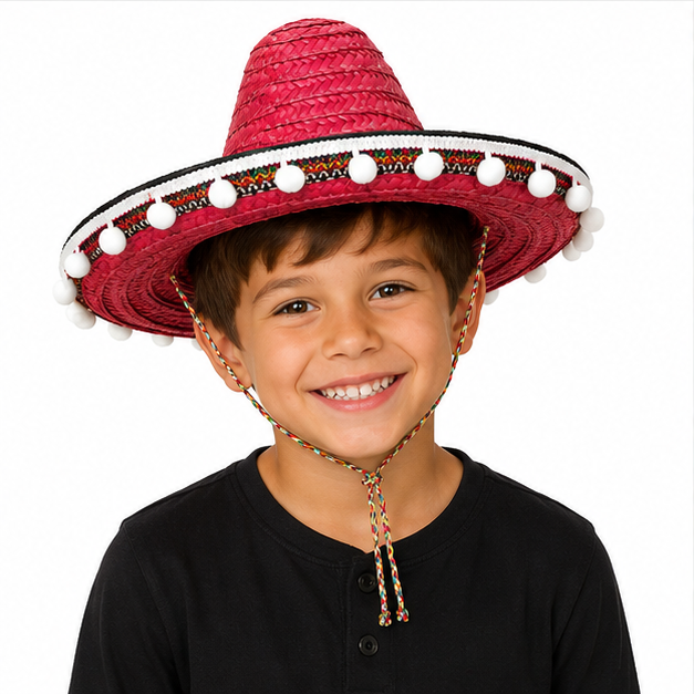Kinder Mexikaner Sombrero mit Troddeln - Ø 25 cm | Rot