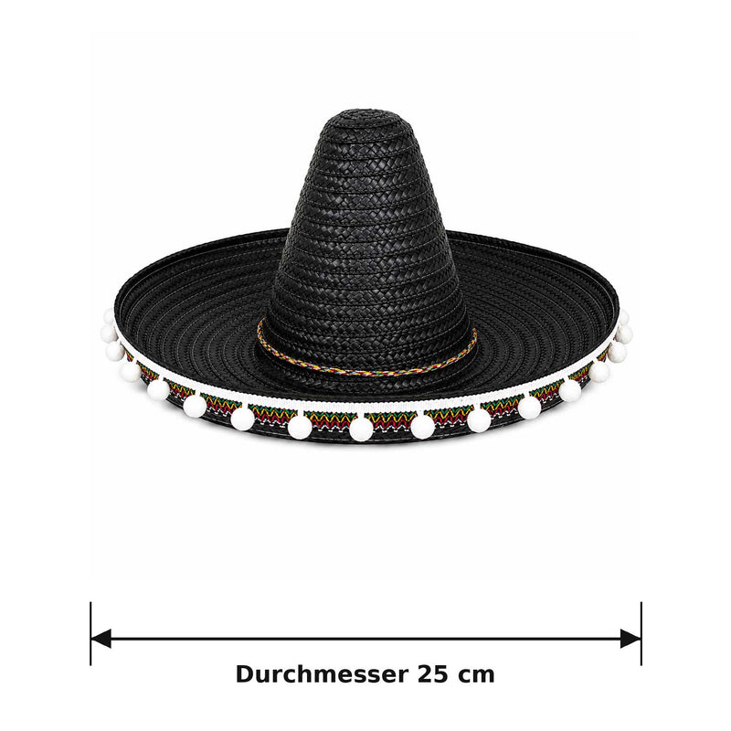 Kinder Mexikaner Sombrero mit Troddeln - Ø 25 cm | Schwarz