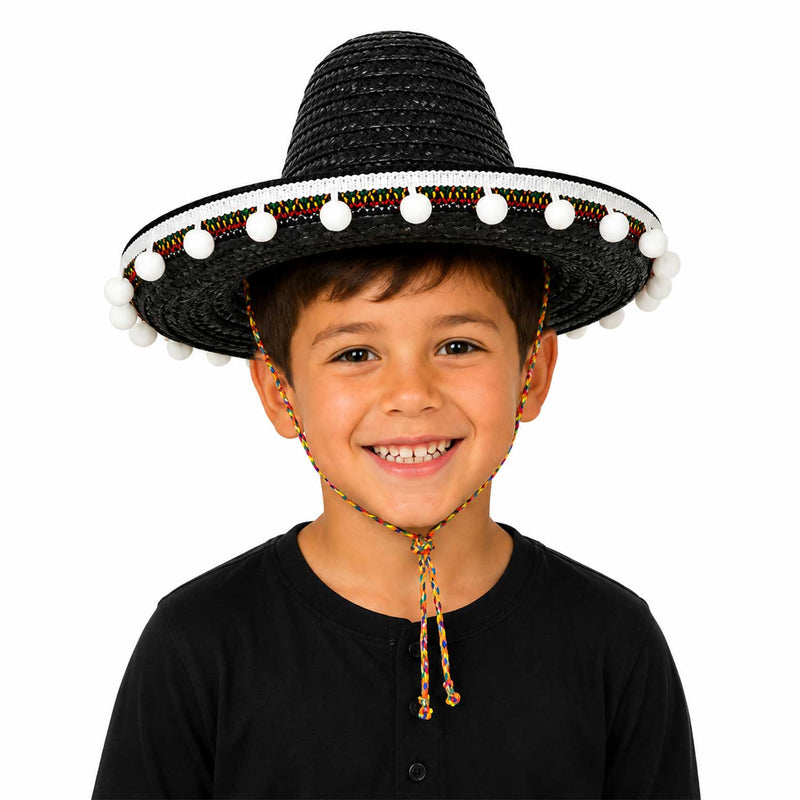 Kinder Mexikaner Sombrero mit Troddeln - Ø 25 cm | Schwarz