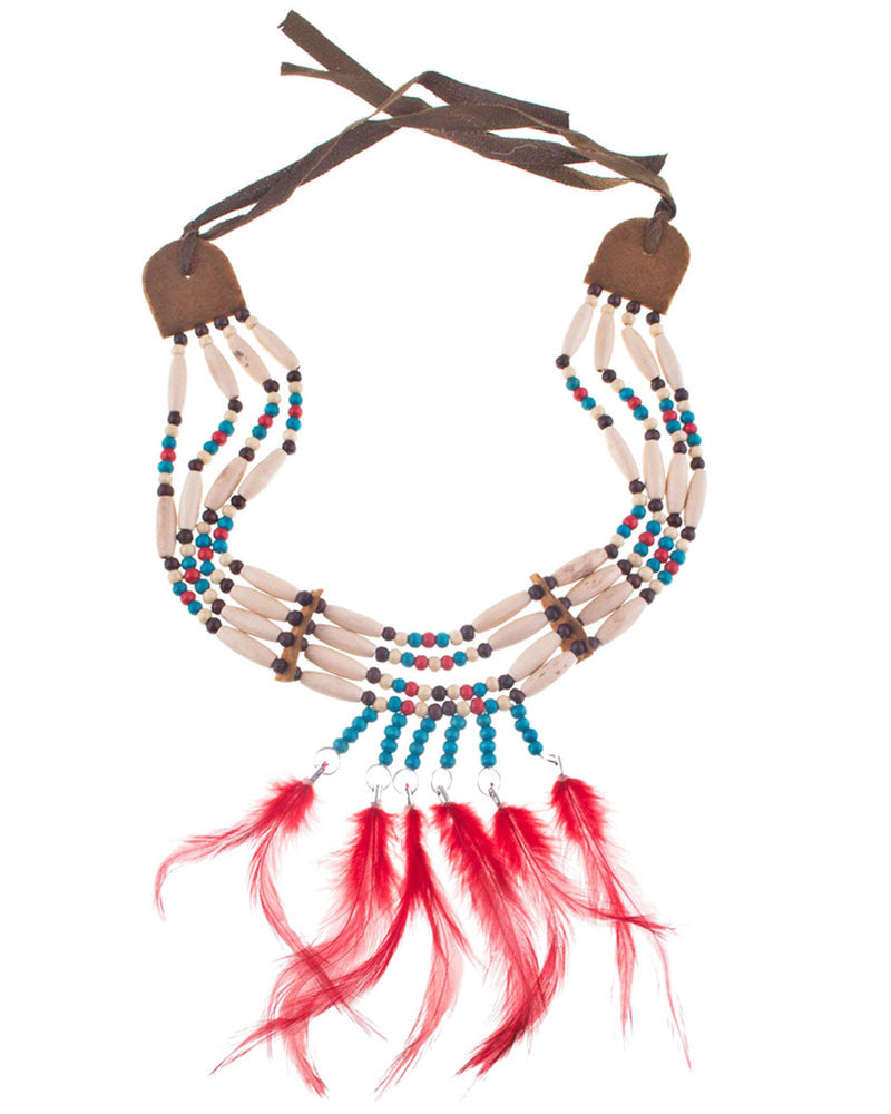 Indianer Halskette "Tiki" mit Holzperlen und Federn | Mehrfarbig