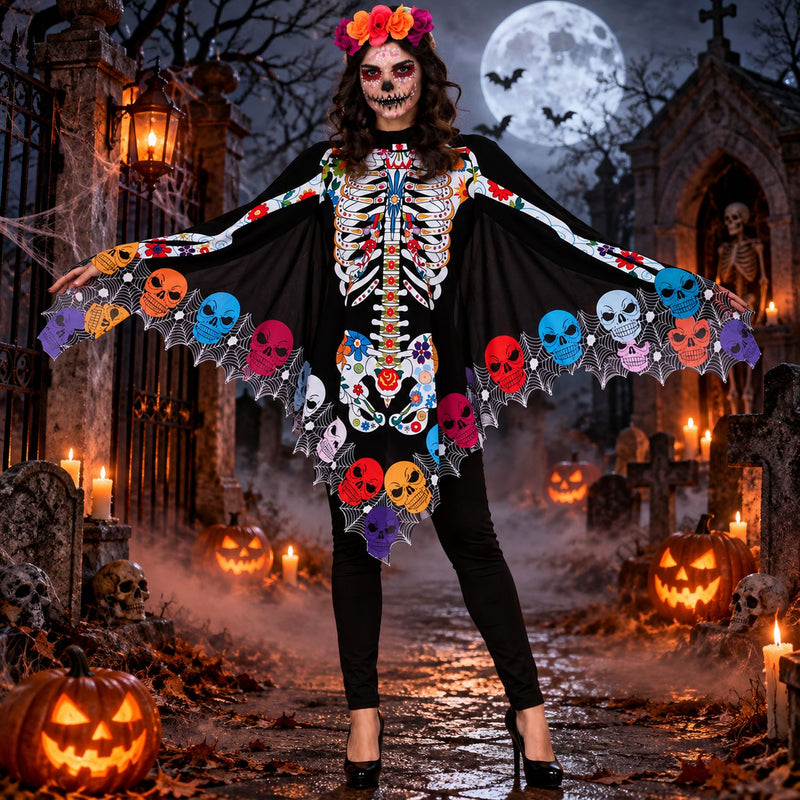 Halloween Damen Kostüm Poncho "Skelett Catrina"