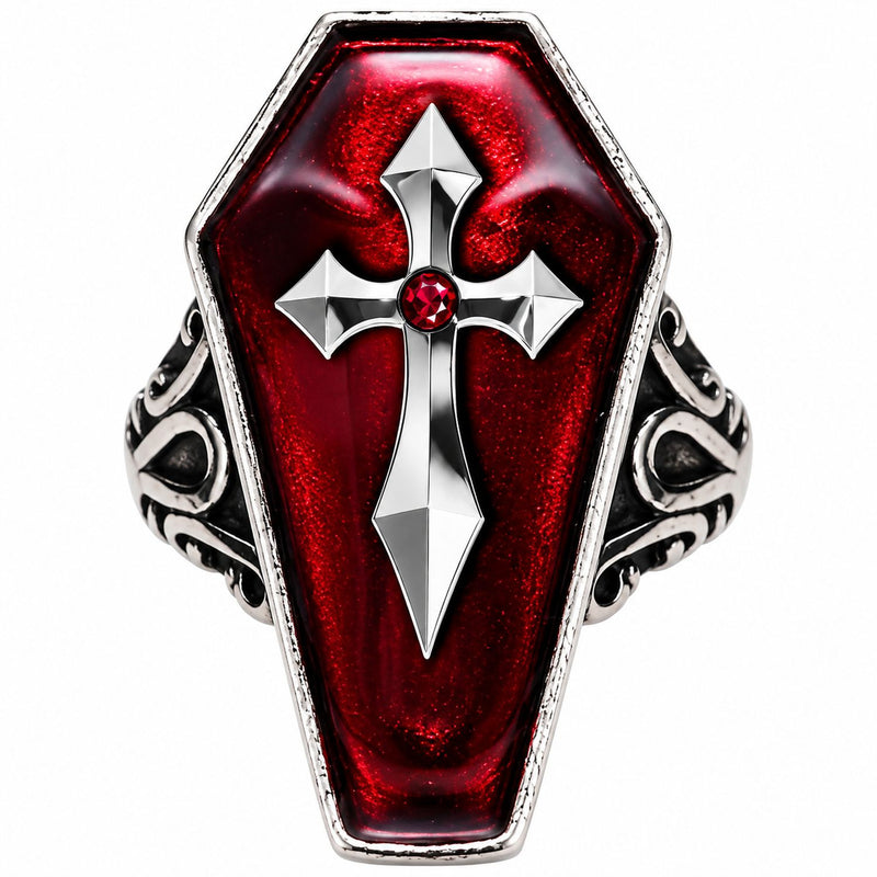 Halloween Ring "Sarg mit Kreuz" | Rot Silber - Sarg zum öffnen