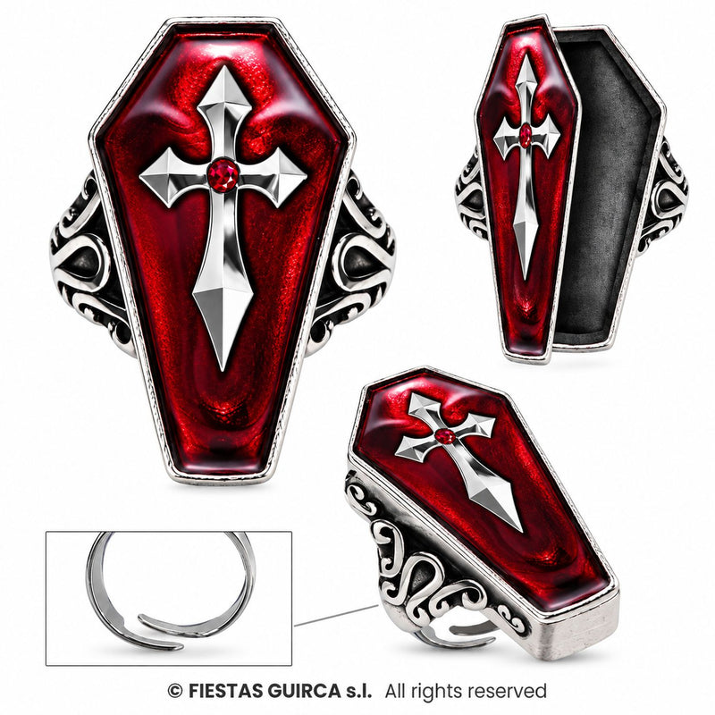 Halloween Ring "Sarg mit Kreuz" | Rot Silber - Sarg zum öffnen
