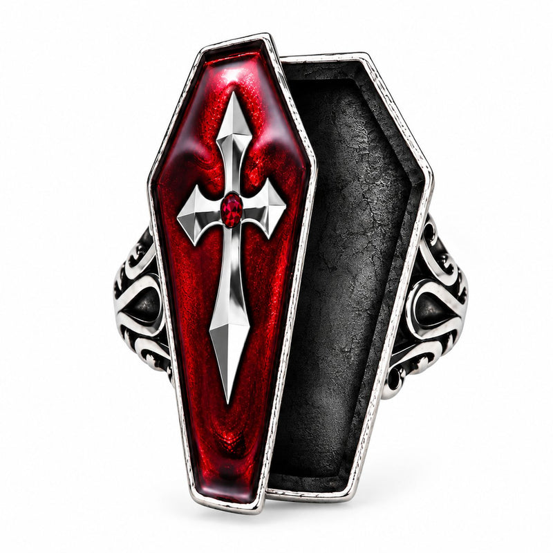 Halloween Ring "Sarg mit Kreuz" | Rot Silber - Sarg zum öffnen