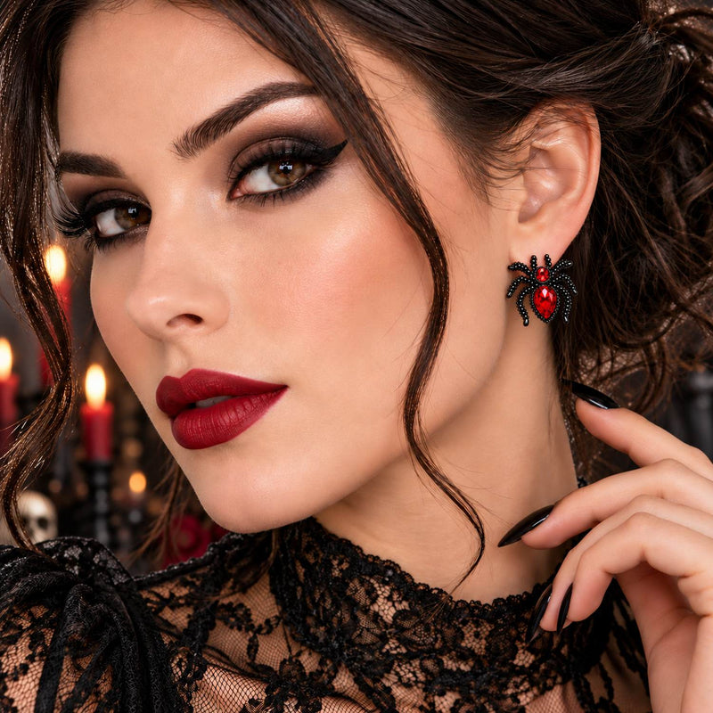 „Rubin Spinnen“ Ohrringe 2,5 cm | Schwarz Rot - Halloween Schmuck