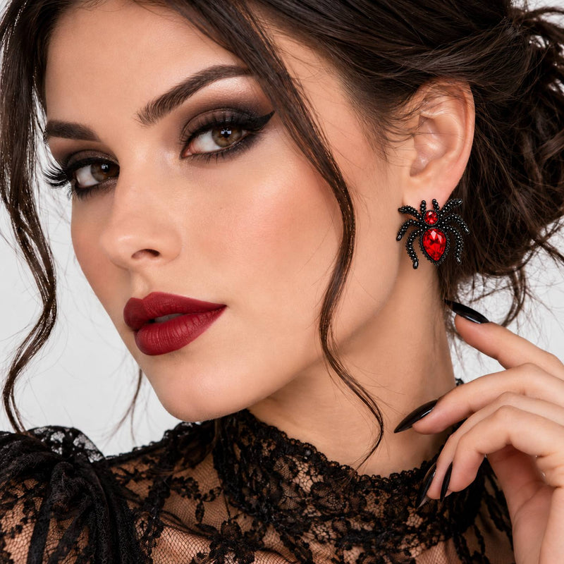„Rubin Spinnen“ Ohrringe 2,5 cm | Schwarz Rot - Halloween Schmuck