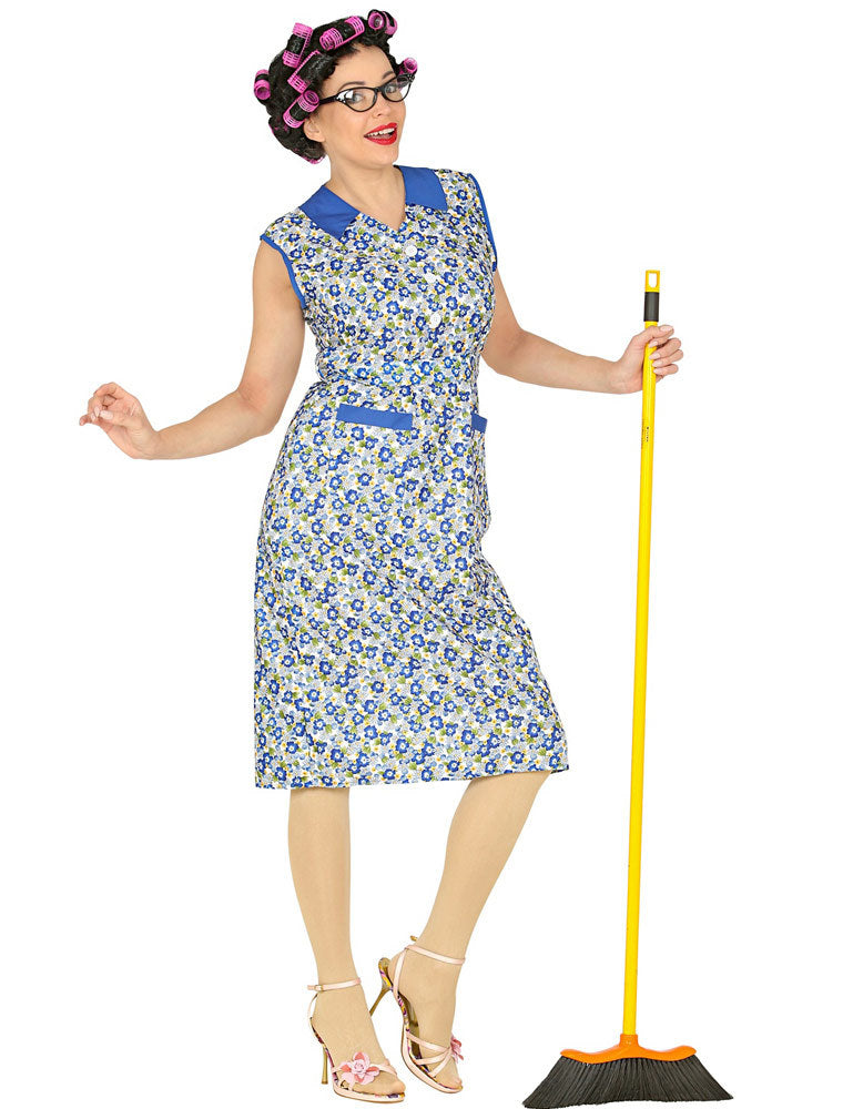 Putzfrau Kostüm für Erwachsene - Blumenkittel Blau | Hausfrau Oma Verkleidung