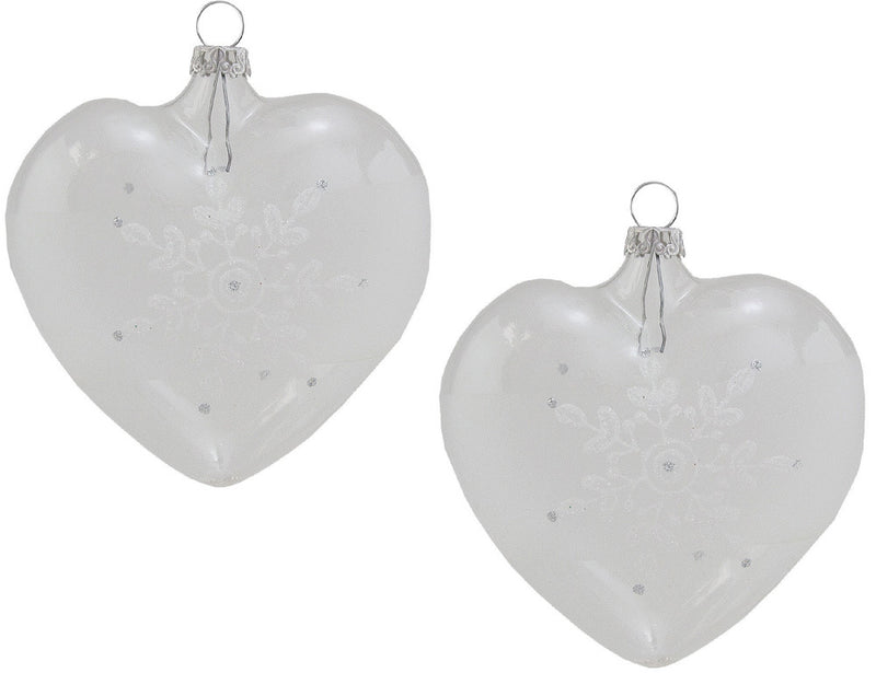 Thüringer Glasdesign Herzen (2 Stück) Ø 8 cm - Weiß/Silber | Glas Weihnachtsbaumkugeln Made in Germa
