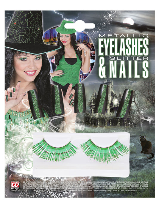Glitzer Wimpern und Künstliche Nägel Set Grün