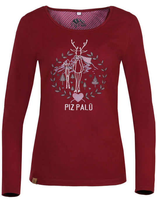 Piz Palü Damen Langarmshirt "Gerach" mit  Hirsch Stickerei  | 010025 - Dunkelrot