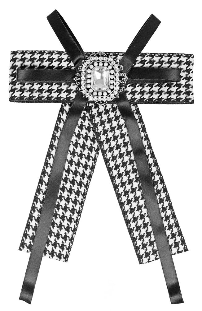 Brosche Barock Schleife mit eckigem Schmuckstein - Kariert - Schwarz