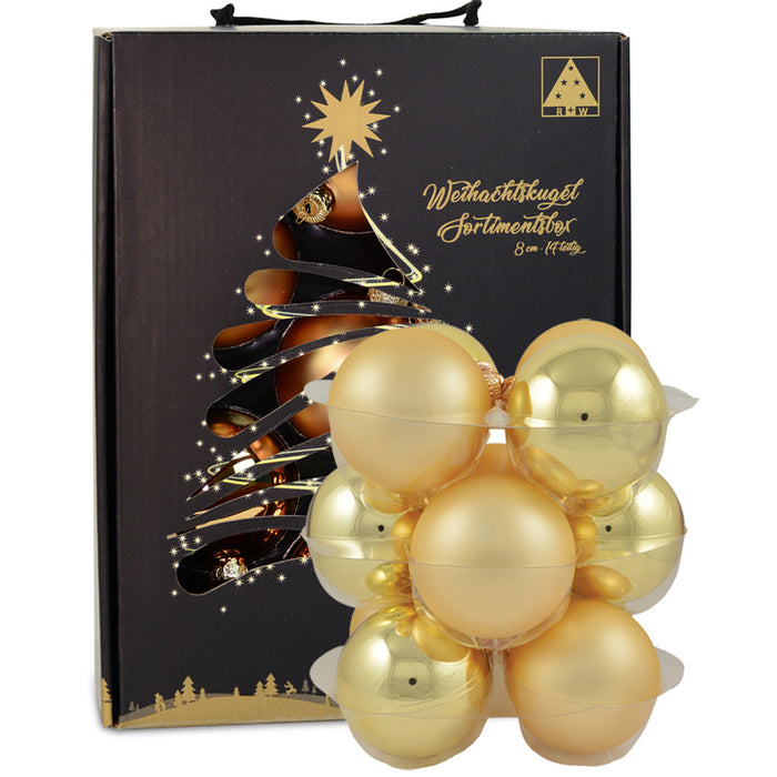 Riffelmacher Glas Weihnachtskugeln im Koffer 26270 | 14 Stück | Ø 8 cm - Gold