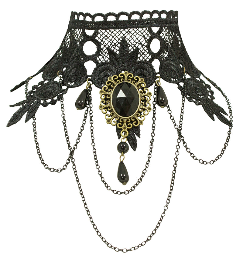 Gothik Spitzen Halskette mit Brosche - Schwarz