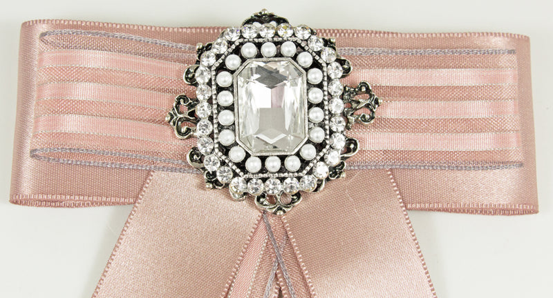 Brosche Barock Schleife mit Streifen und Schmuckstein - Rosa