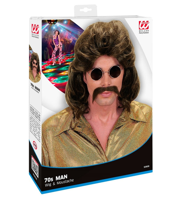 70er Jahre Perücke "Ronny" mit Schnurrbart für Herren - Braun