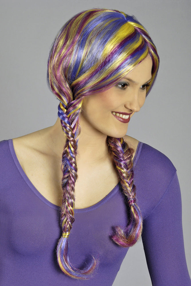Perücke Arabella mit geflochtenen Zöpfen - Lila Magenta Gelb