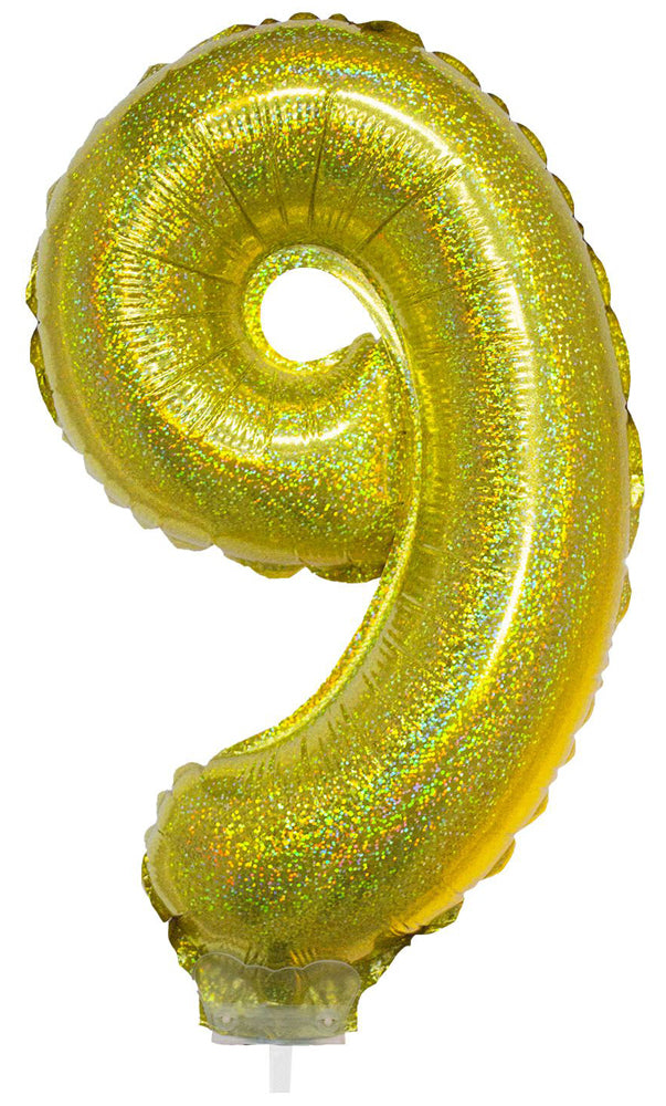 Zahlen Folienballon 41 cm mit Stab - Holografisch Gold Zahl 9