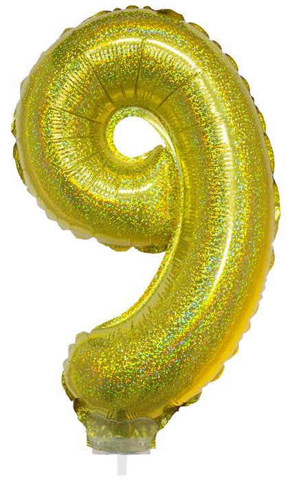 Zahlen Folienballon 41 cm mit Stab - Holografisch Gold Zahl 9