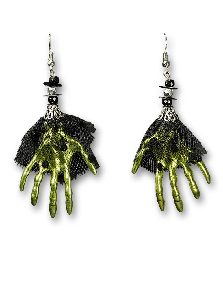 Ohrringe mit grünen Skeletthänden
