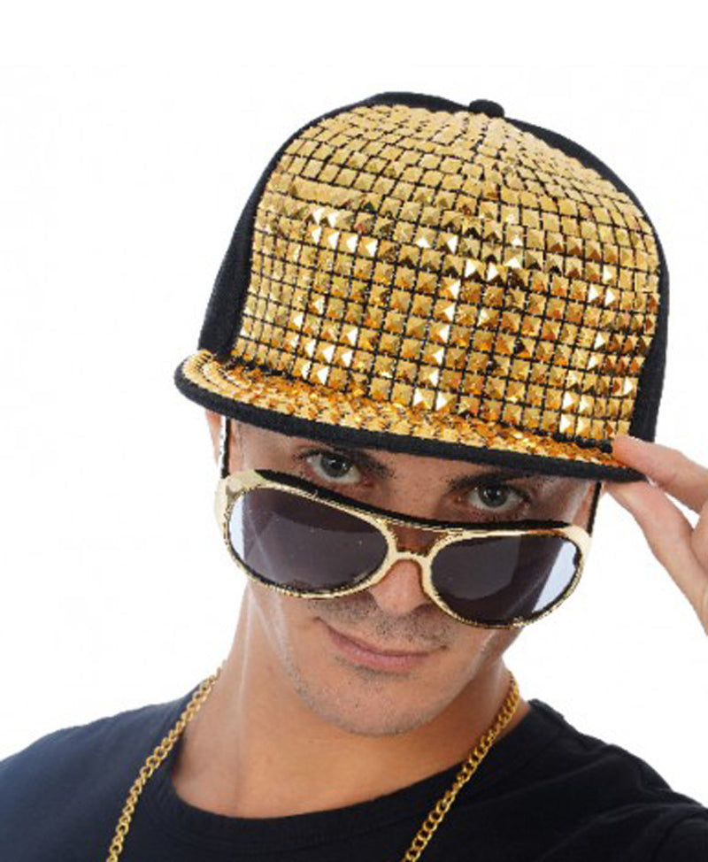 Gold Rock Star Cap mit goldenen Nieten für Erwachsene - Schwarz / Gold