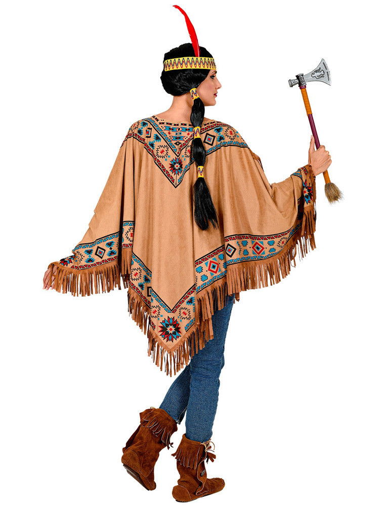 Indianerin Fransen Poncho für Damen | Braun Blau