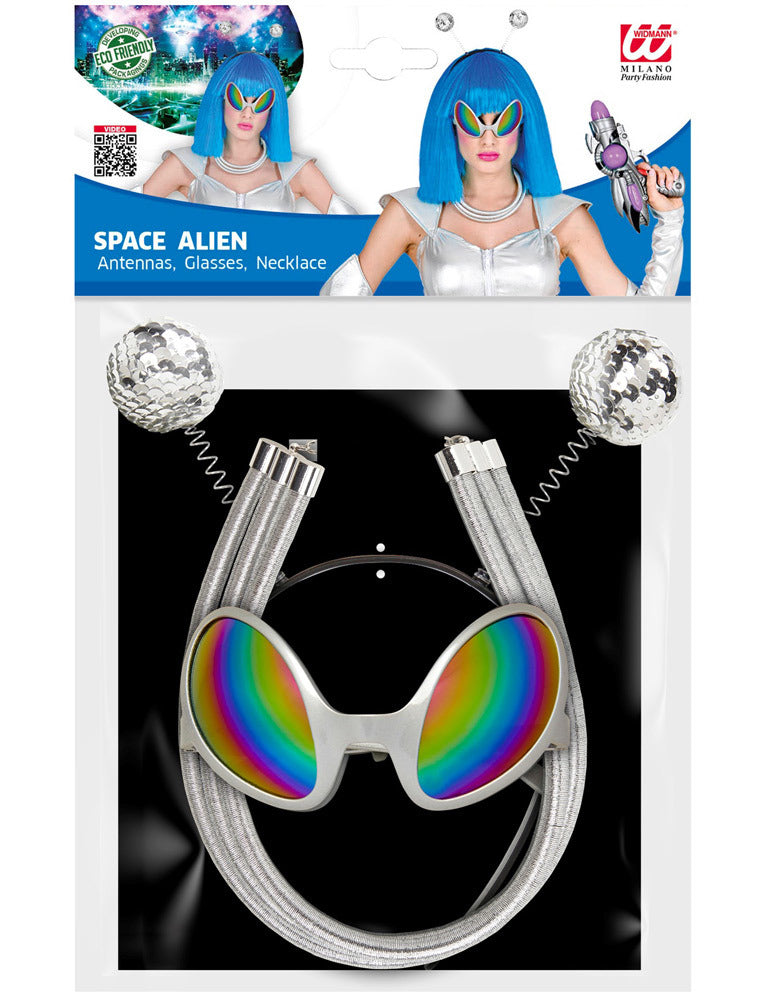 Space Kostüm Set "Alien" - Silber 68598  | Glitzer Haarreif Brille