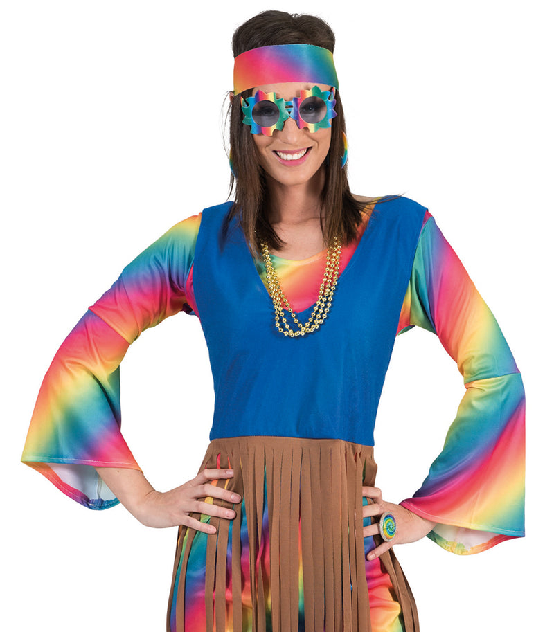 Rainbow Hippie Kostüm "Lucy" für Damen | Langes 70er Jahre Kleid mit Fransen
